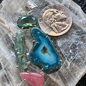 Peridot Agate Rhodochrosite And Green Kyanite Crystal Pendant